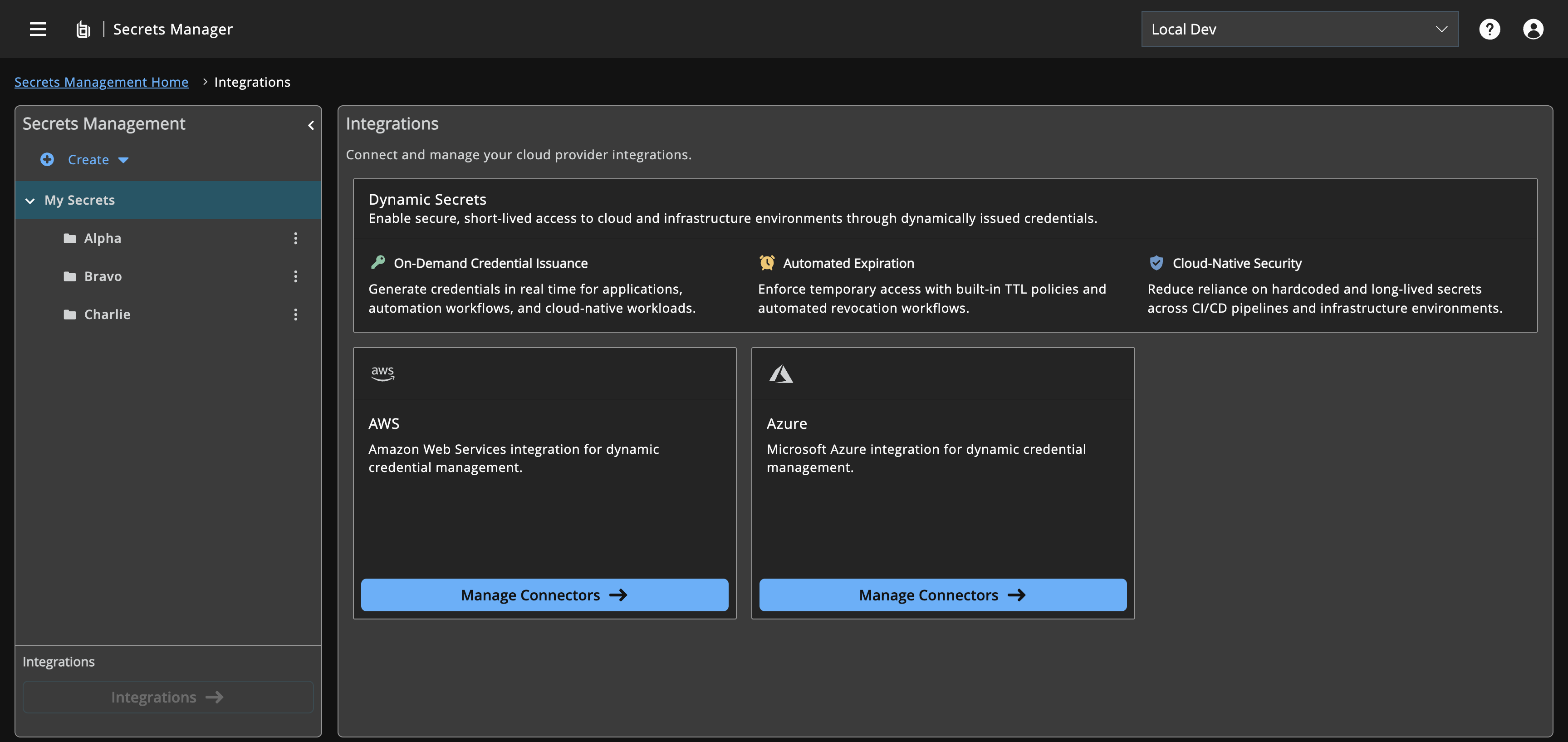 Integrations page showing the Dynamic Secrets banner and provider cards for AWS and Azure