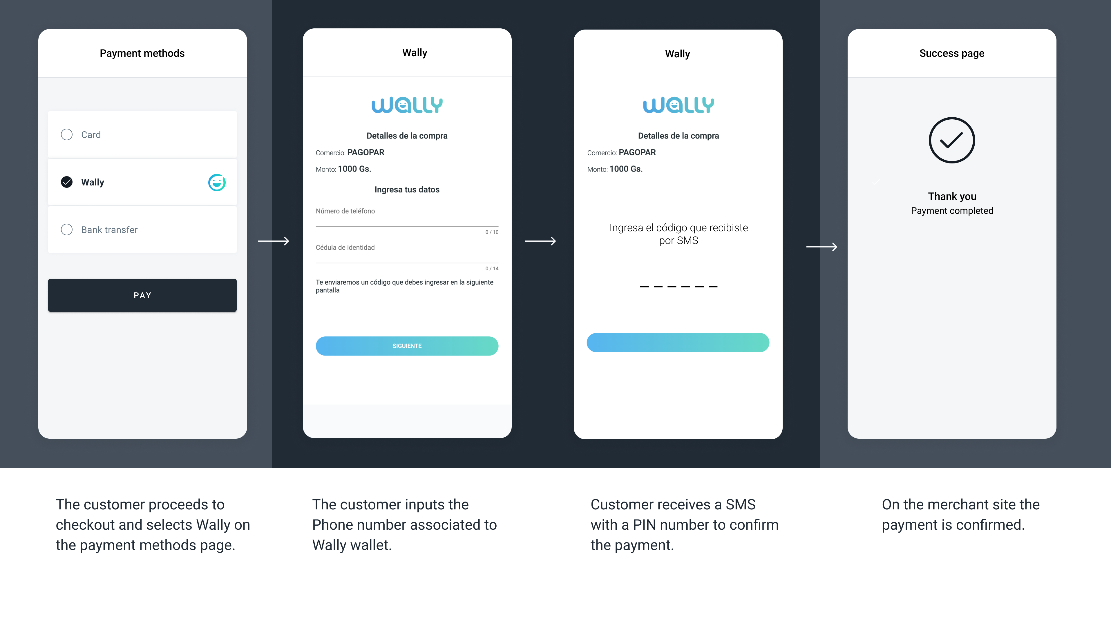 The screenshots illustrate a generic Wally payment flow.