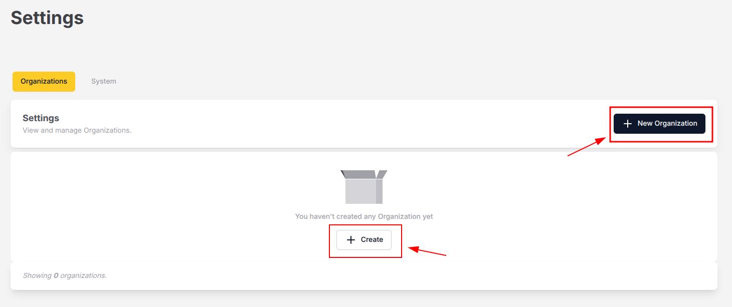 Figure 2. Button to create a new Organization