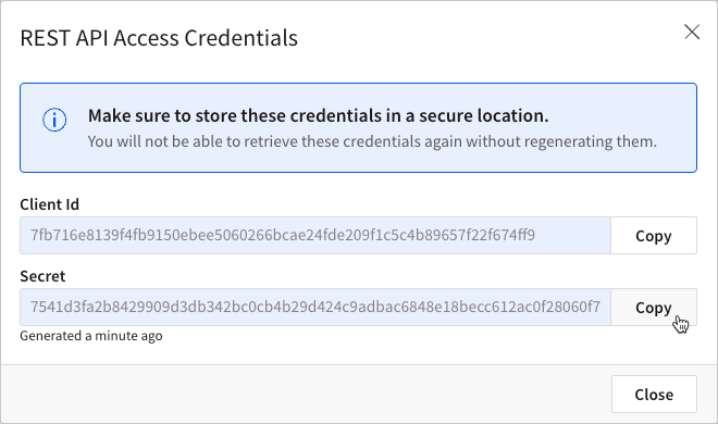 REST API Access Credentials dialog, with a revoked Client ID and Client secret visible.