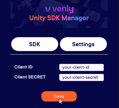 Entering your Client credentials in the Unity SDK Manager