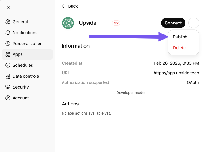 ChatGPT Upside app publish menu