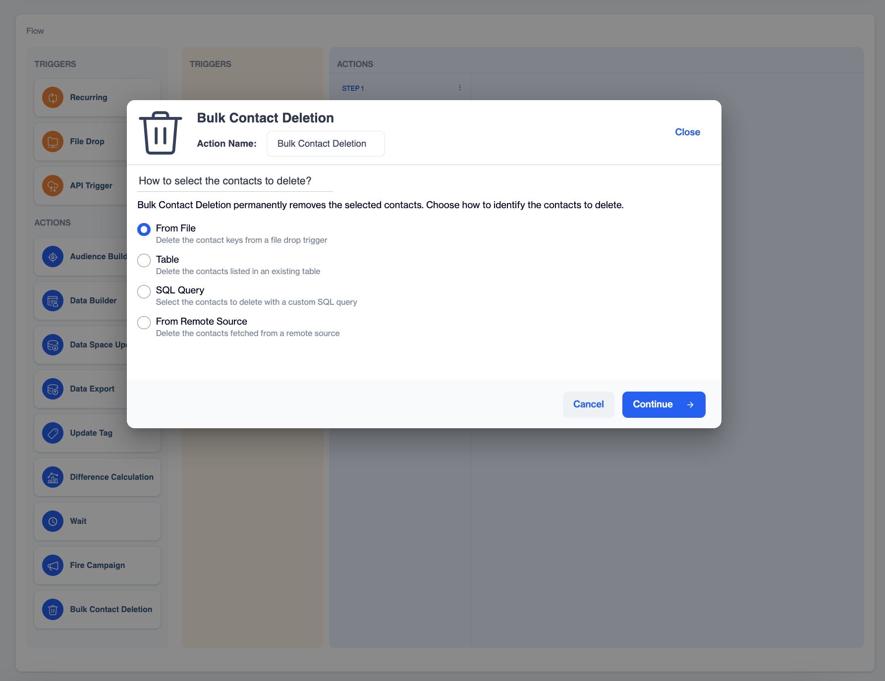 Bulk Contact Deletion popup, step one. Under the heading "How to select the contacts to delete?" four radio options are listed: From File, Table, SQL Query and From Remote Source, each with a one-line description. Cancel and Continue buttons are at the bottom.