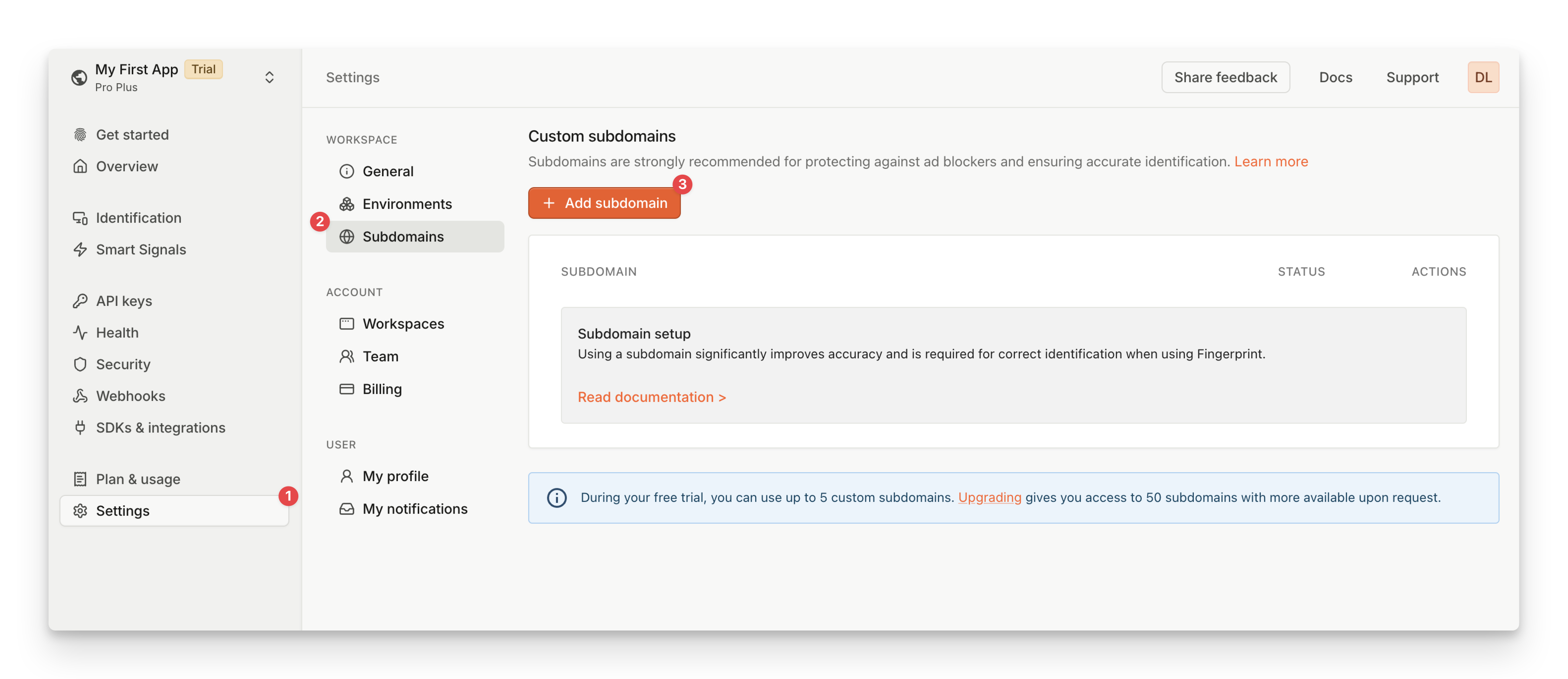 Screenshot of the Custom Subdomain setup in the Fingerprint dashboard