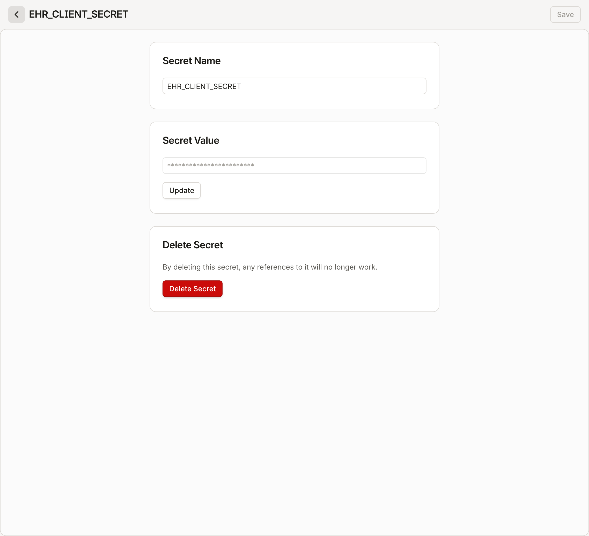 A saved secret: the value shows only masked, with Update to overwrite it — it can never be viewed again.