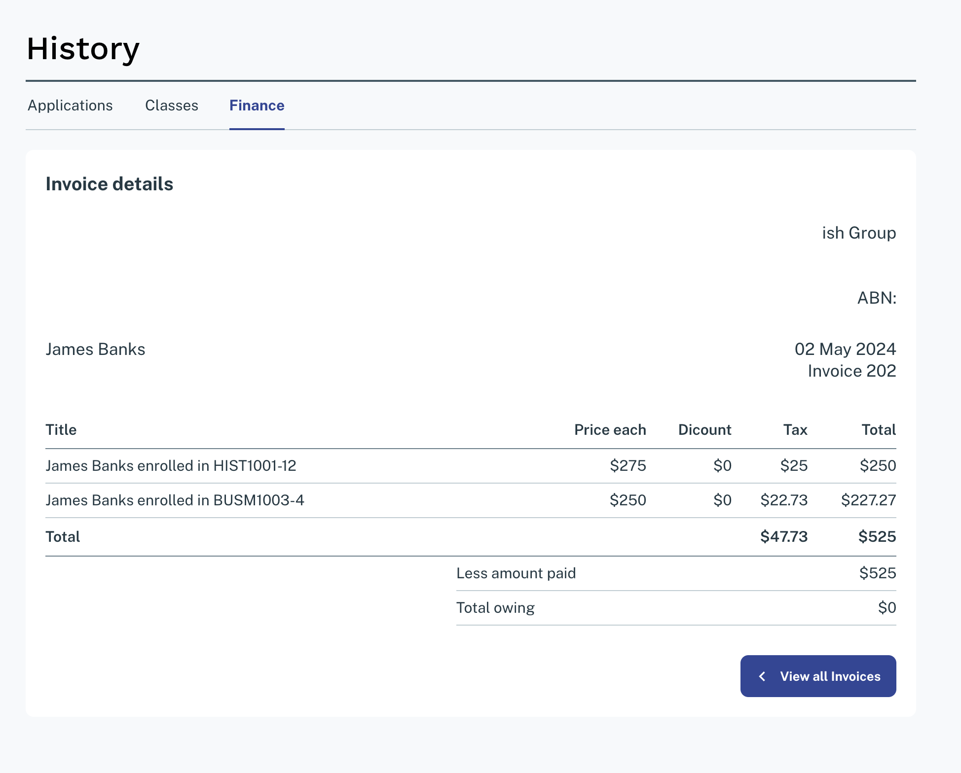 Click on an invoice in the list to check it in detail