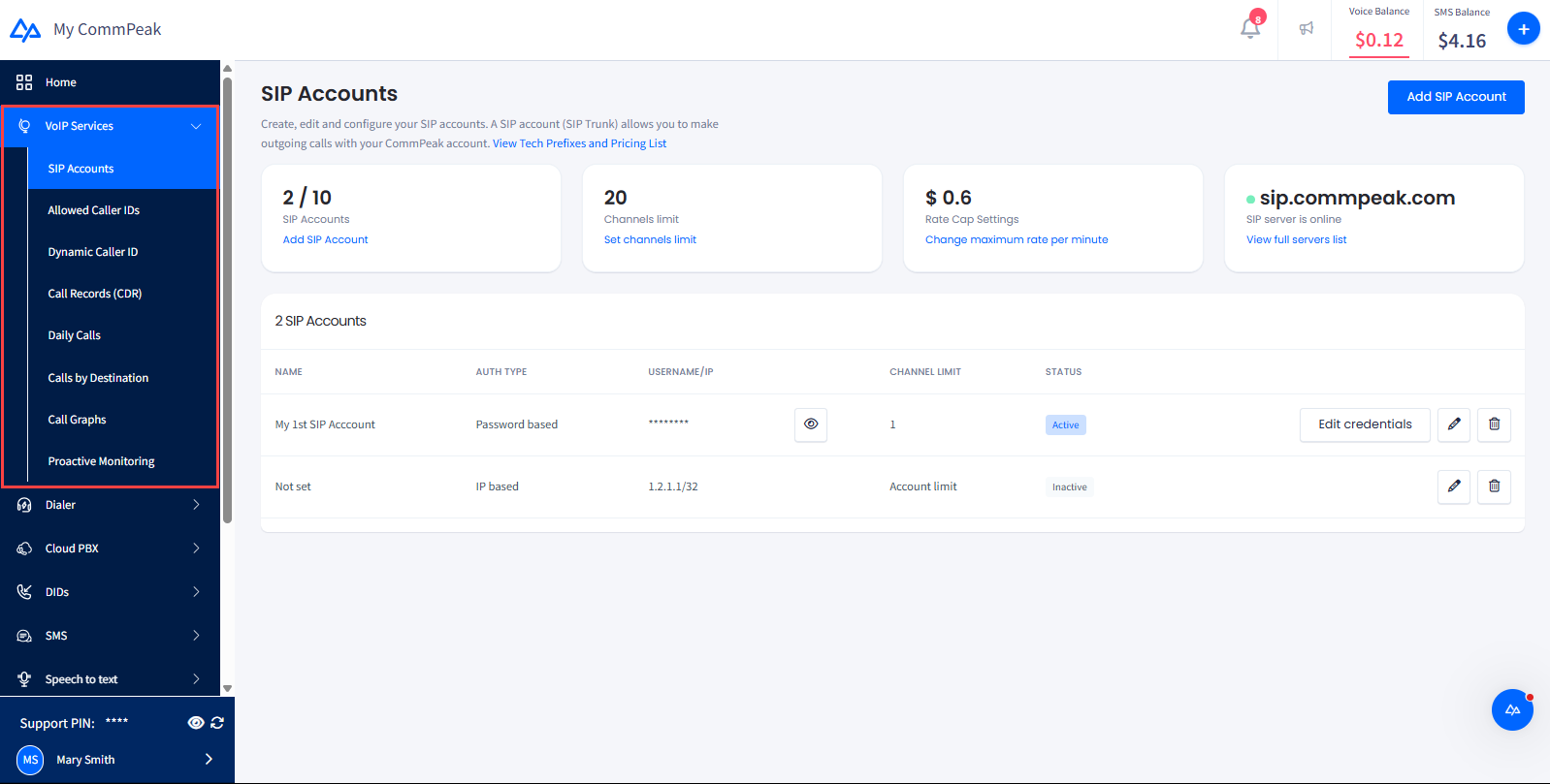 Screenshot of the VoIP services menu