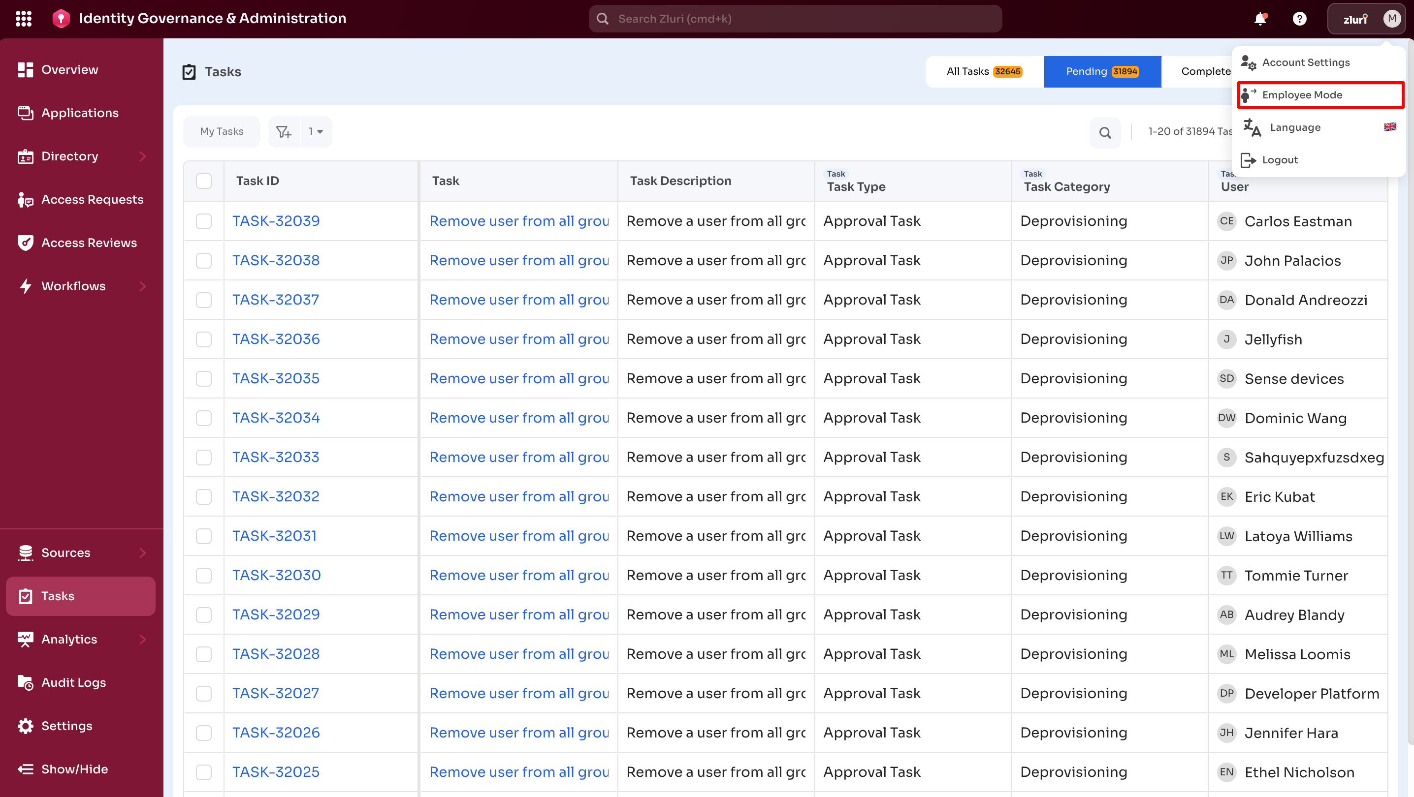 Toggle from Admin view: Tasks Dashboard to Employee Mode