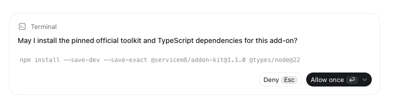 Codex asks permission to install the toolkit. Review the request, then choose Allow once.