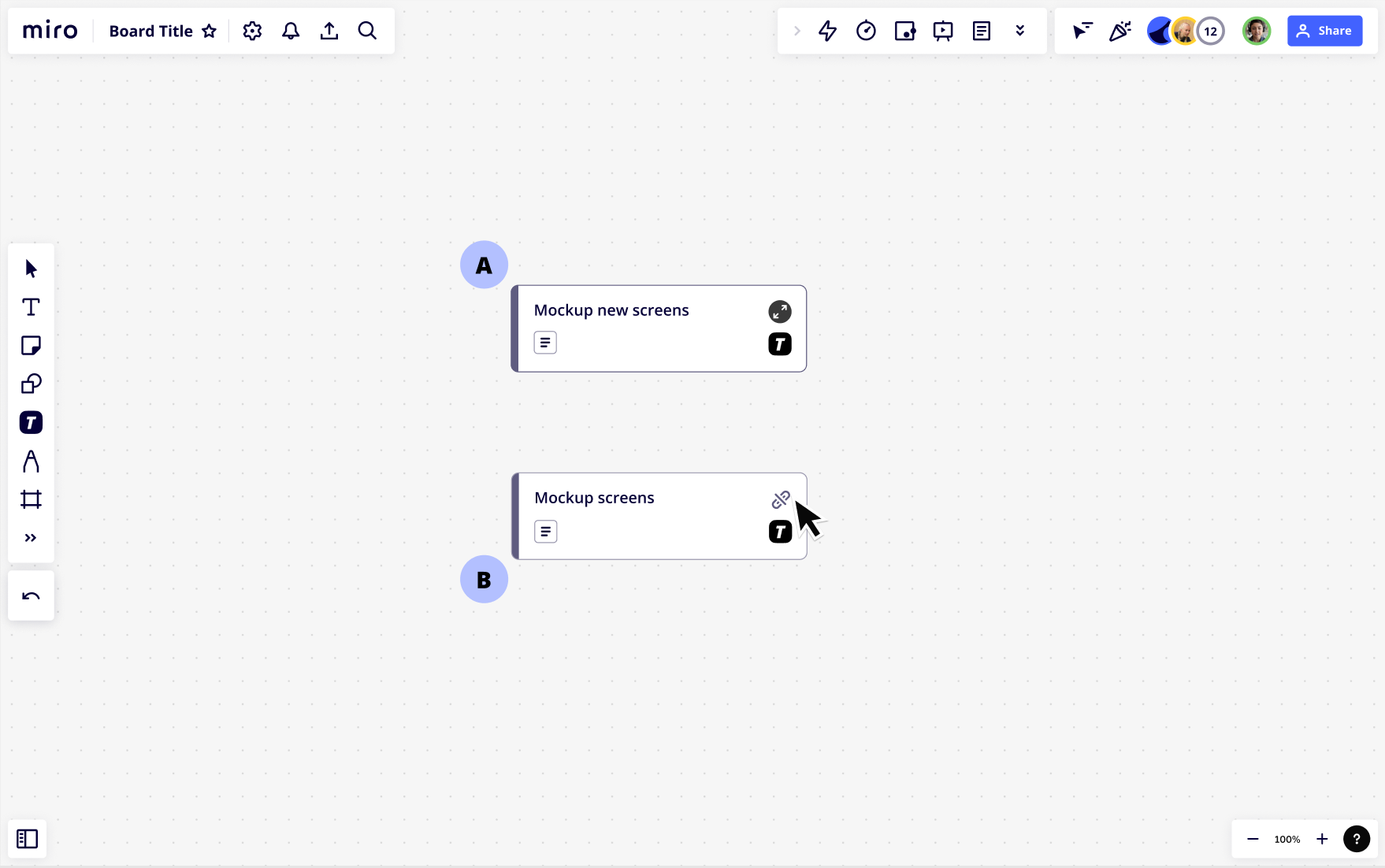 Figure 11. App card A title is updated on the Miro board while app card B title remains the same and is in a disconnected state.