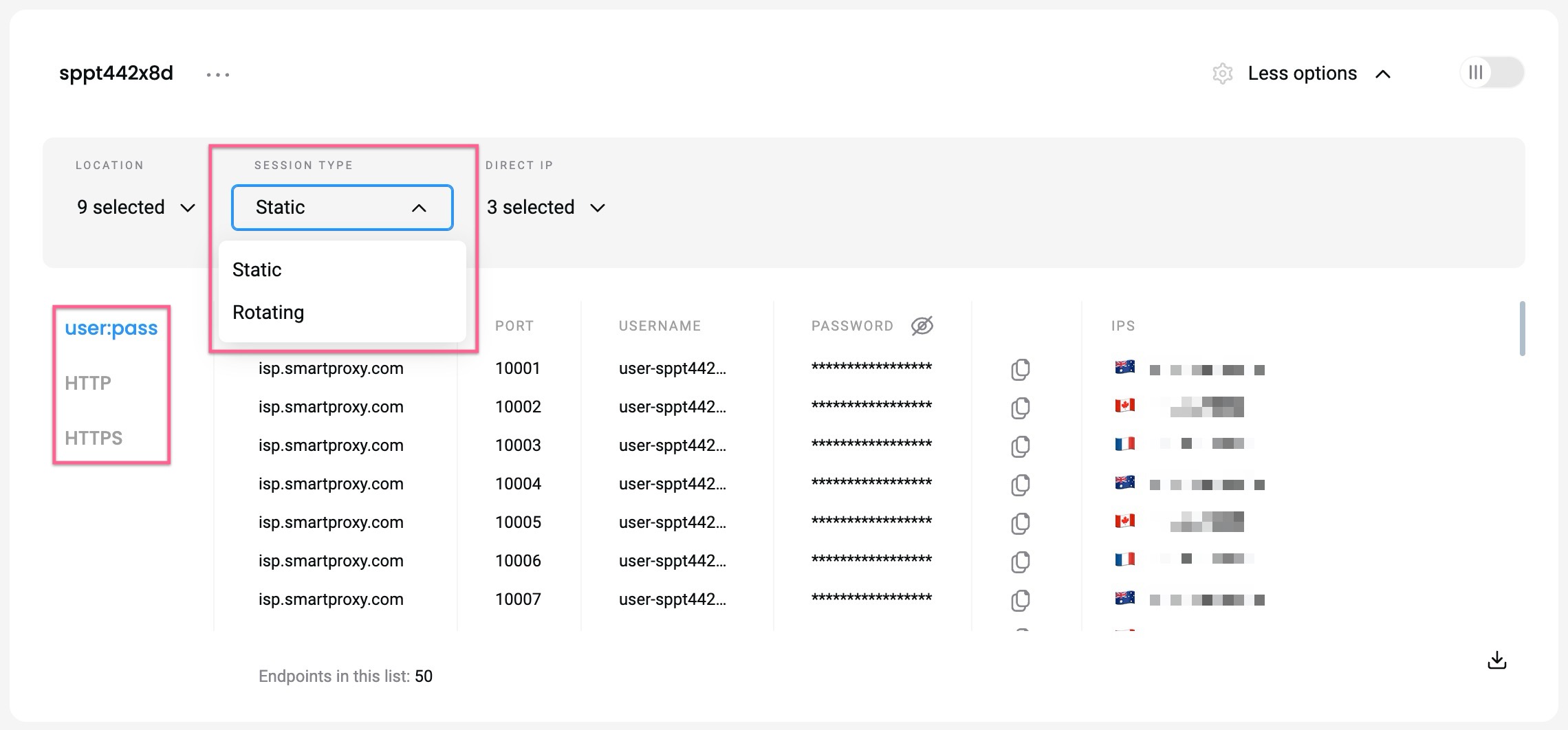 Session type and Protocol selection.