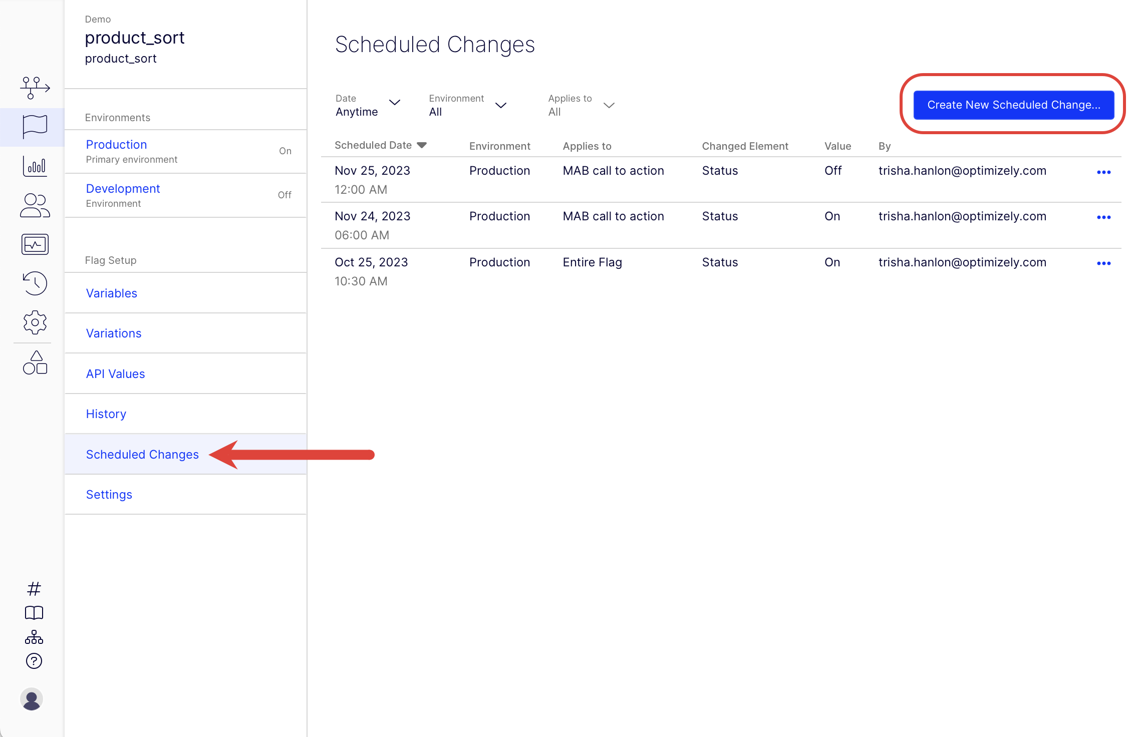 create new scheduled change