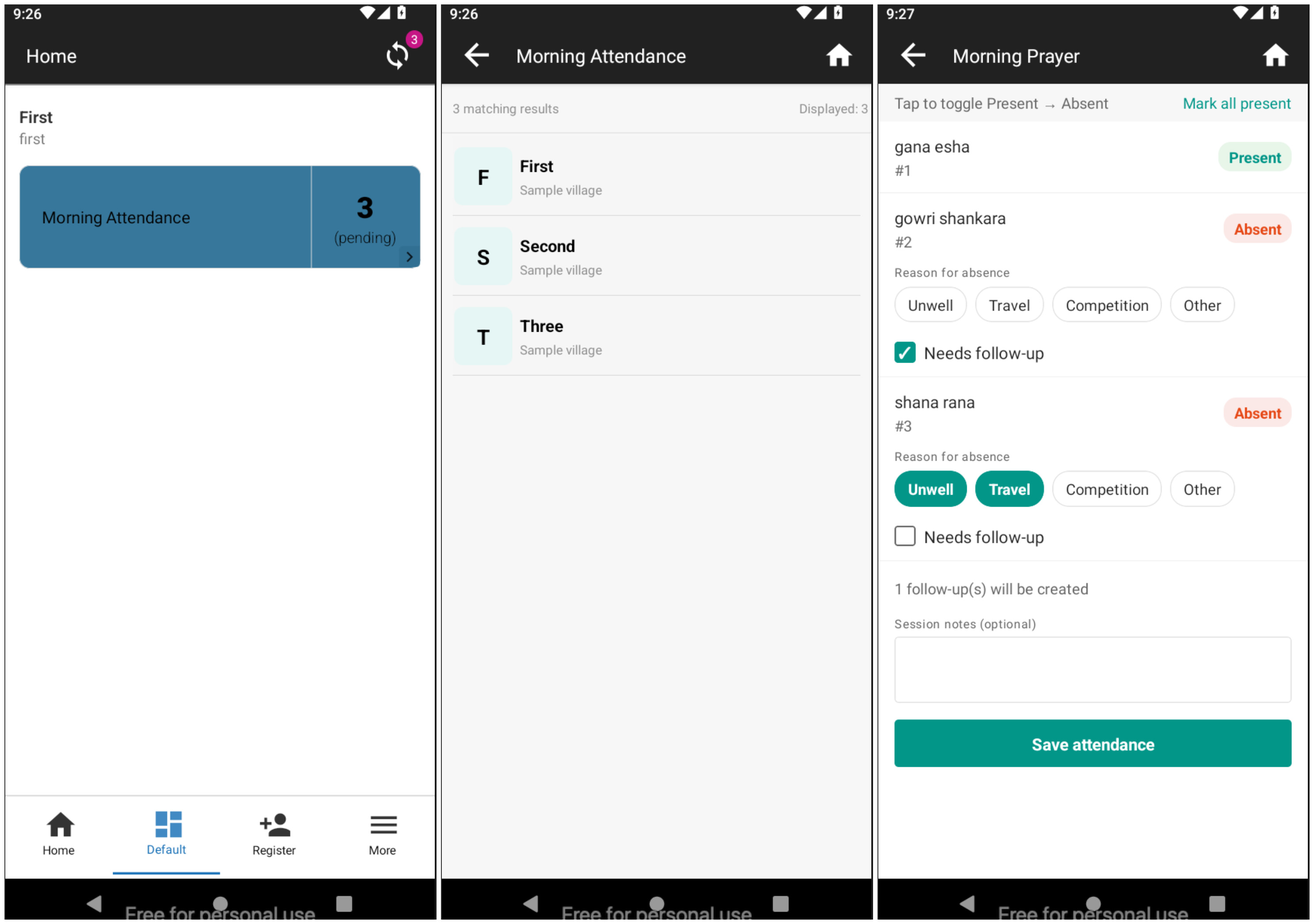 Android custom dashboard with a Mark attendance shortcut card reading Morning Prayer — 4 pending, deep-linking into the attendance sheet for a chosen class