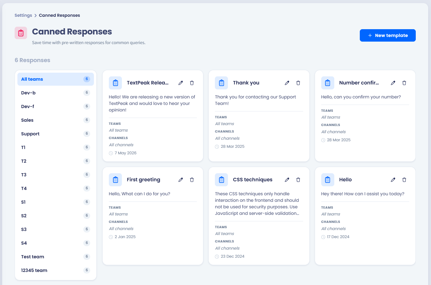 Screenshot of the Canned Responses page showing the team filter panel on the left and response cards on the right