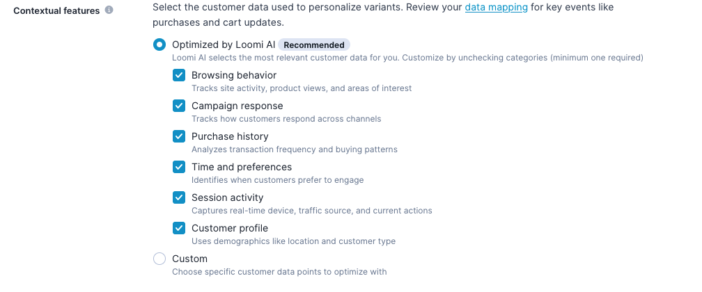 Contextual features panel showing Optimized by Loomi AI selected with six active categories and Custom as an alternative option.