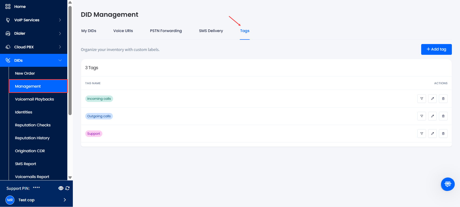 Screenshot of the DIDs > Tags tab