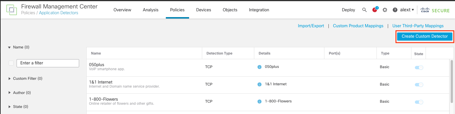 Policies > Application Detectors