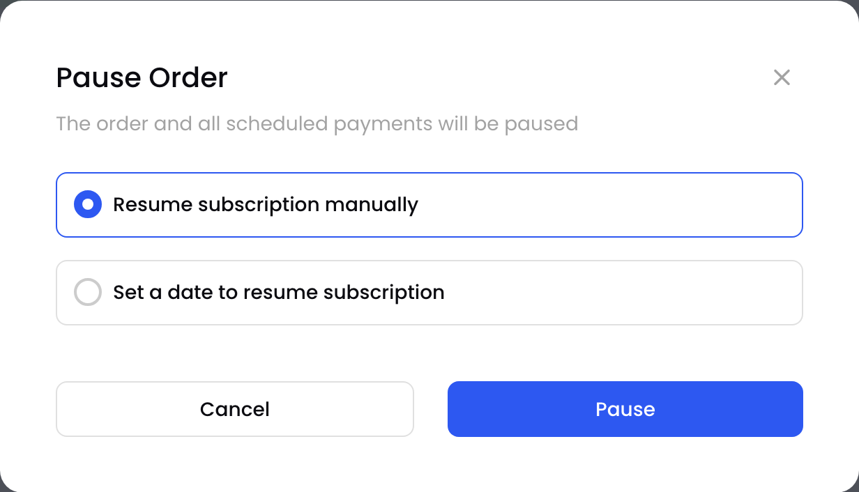 The Pause Order pop-up
