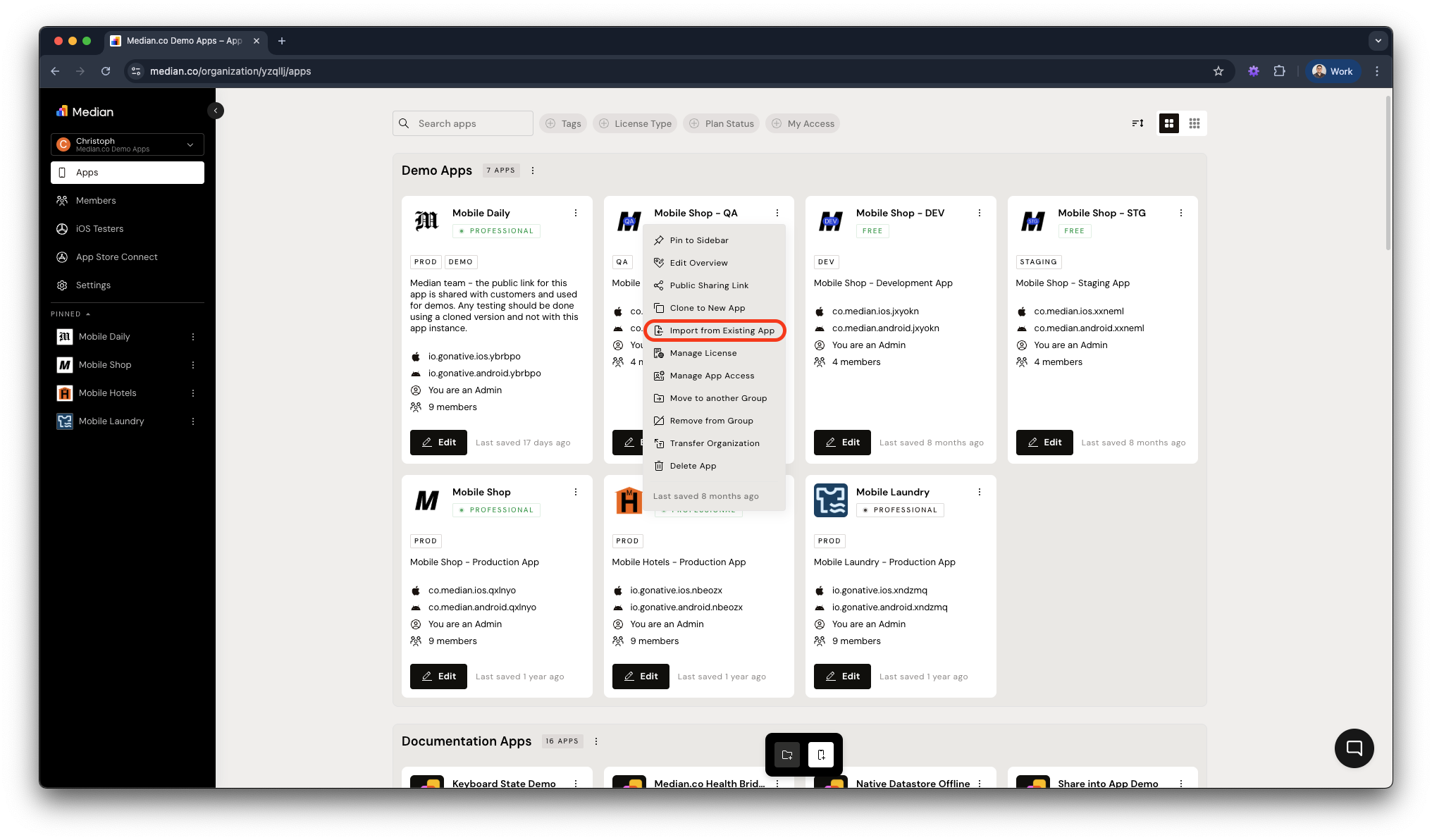 Organization App Listing - Import From Existing App
