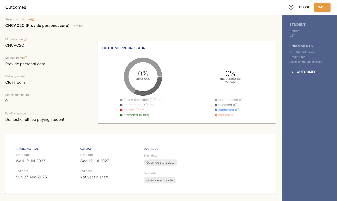 Figure 469. Outcome search results show only the outcomes for the selected enrolment. Shows outcome code, name and current status.