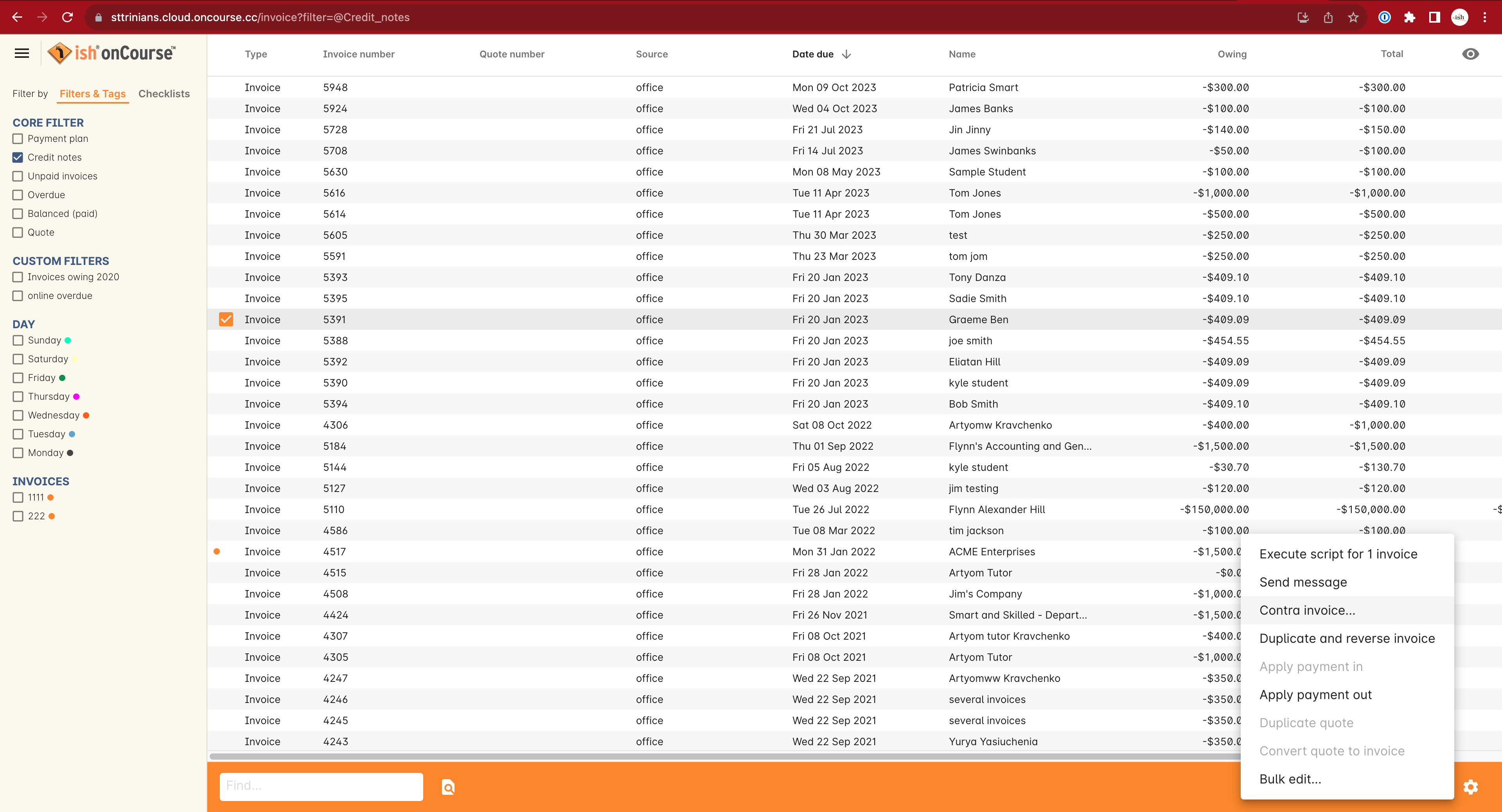 Create a contra invoice via the invoice window advanced function cogwheel