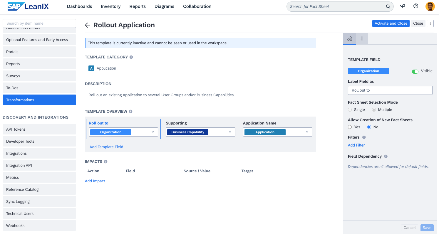 Configuring Transformation Template in Admin Settings