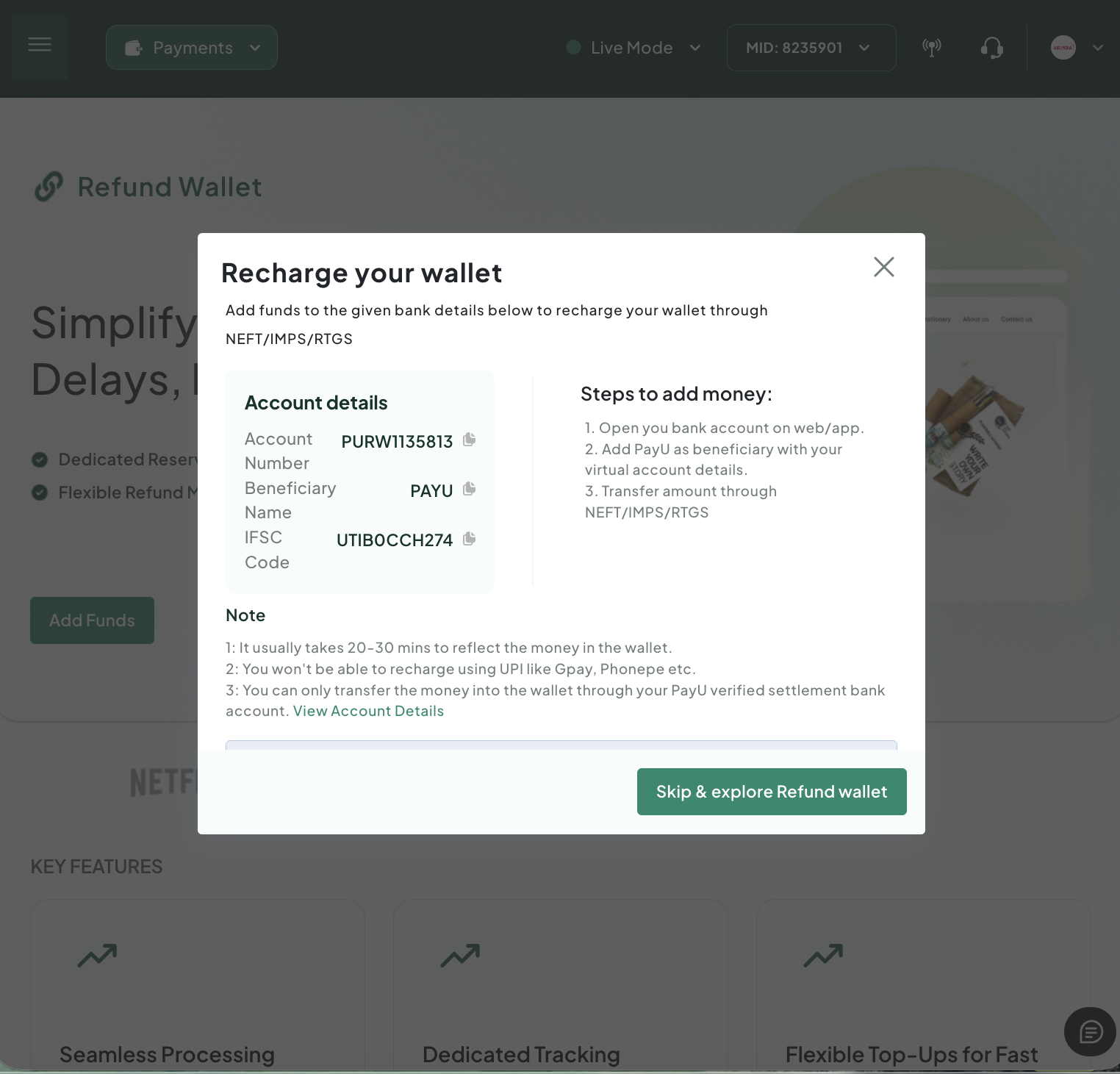 Refund Wallets > Add Fund Popup Page