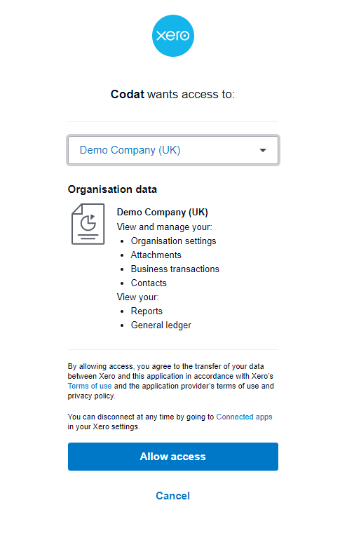 The Xero Company authorization screen