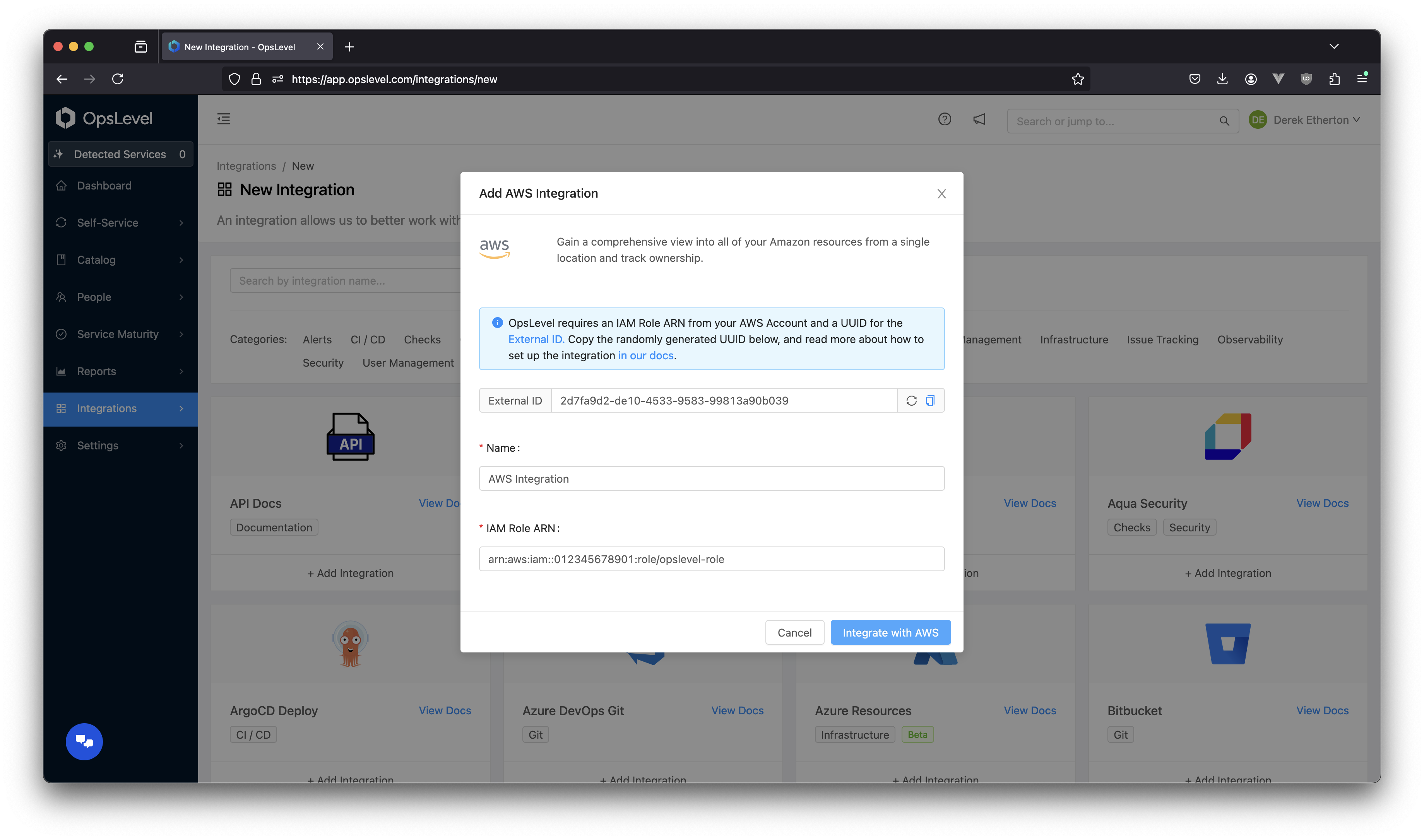 Populated AWS integration modal