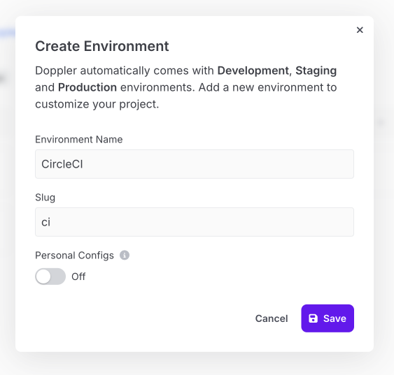 Screenshot of create environment modal in Doppler UI