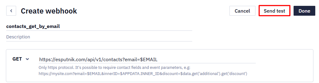 Create webhook window for contacts_get_by_email with the Send test button highlighted