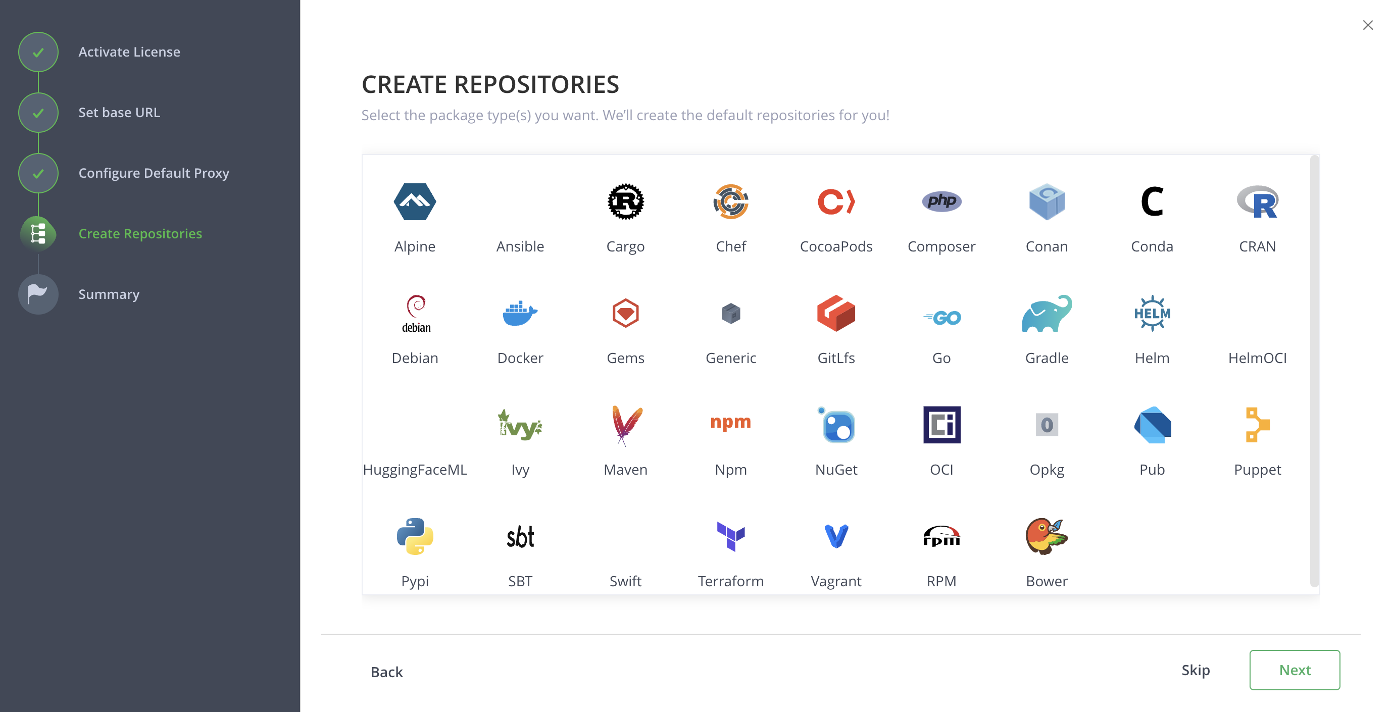 Onboarding wizard repository selection screen showing package type options