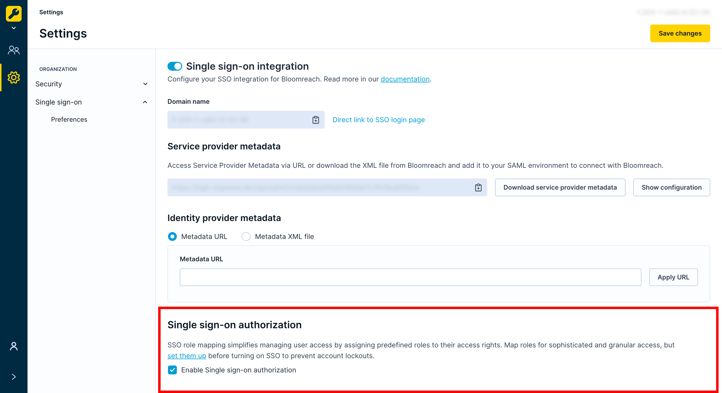 SSO settings with Enable Single sign-on authorization toggle highlighted.Retry