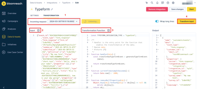 Transformation Function panel with test payload and Transform input button