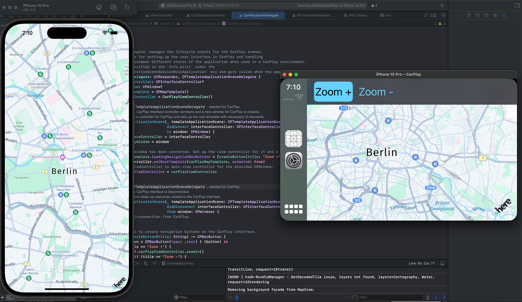 Screenshot: Showing the HERE Map running on a CarPlay and iPhone simulator.