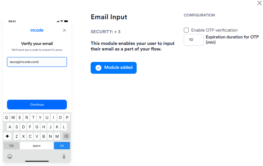Image of Email Input module configuration in Flows. Has two configurable options.