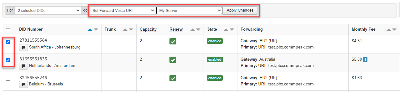 Screenshot of the screen with applying DID voice URI to new CommPeak DIDs