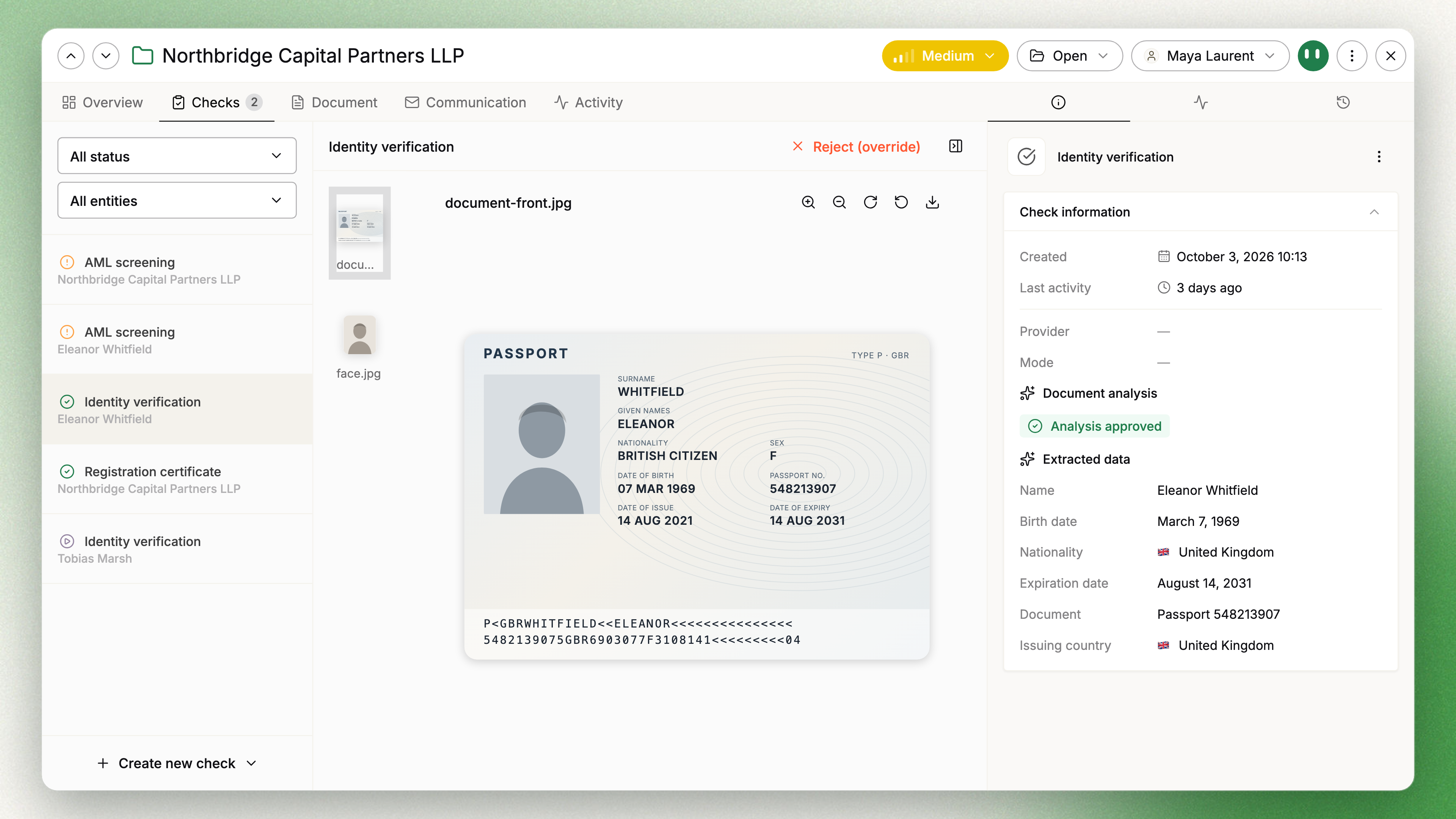 An identity verification check open in place: the document, the analysis and the extracted data