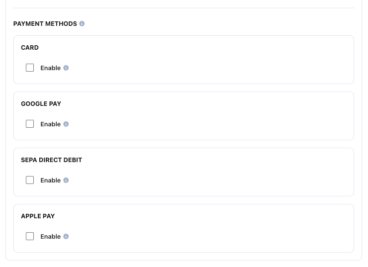 A screenshot showing the available Stripe payment methods.