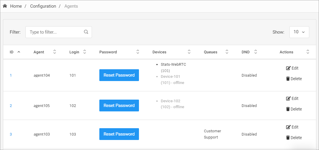 Screenshot of the Configuration > Agents tab