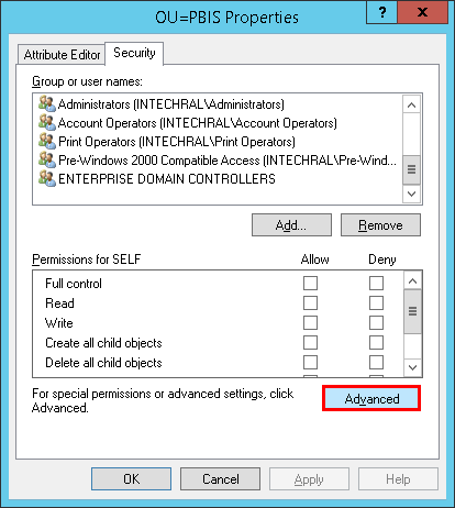 OU Properties dialog highlighting the Advanced button