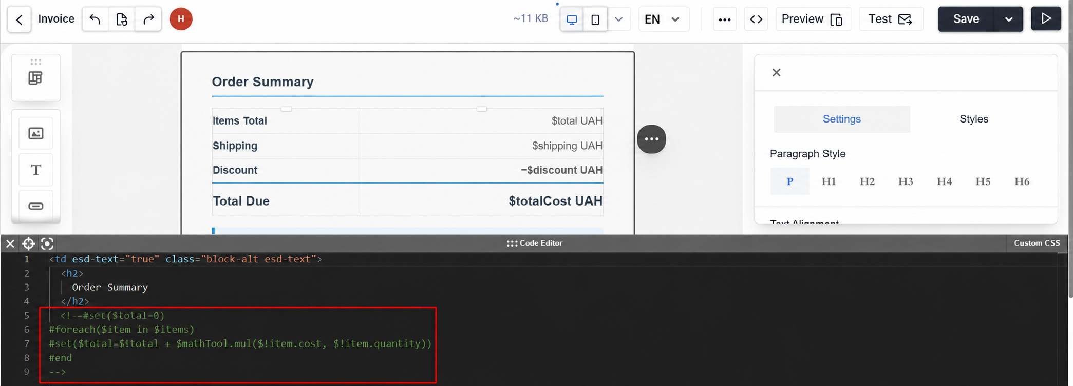 Order total block with subtotal calculation using set and foreach directives