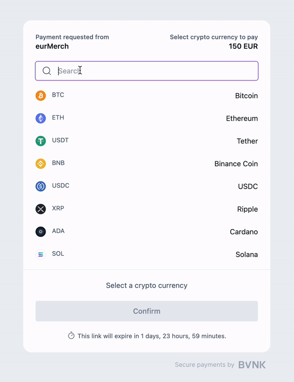 An example of the BVNK hosted payments page where an end-user can select a cryptocurrency like Butcoin, Tether or Ethereum to make a 150 EUR payment requested by a merchant.