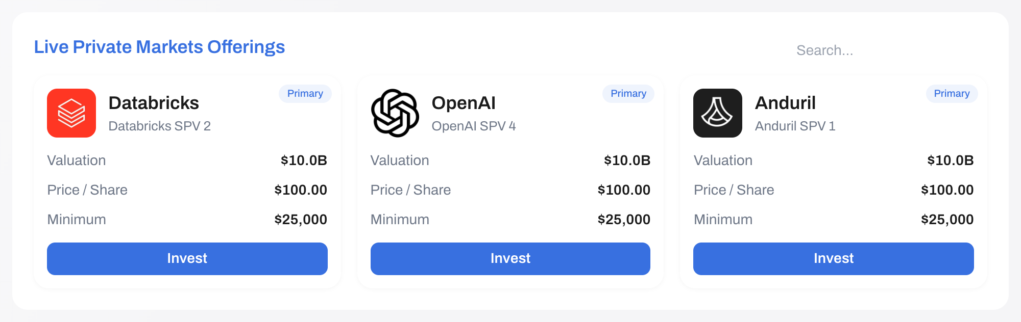 Offering cards with valuation, price per share, minimum and an Invest action