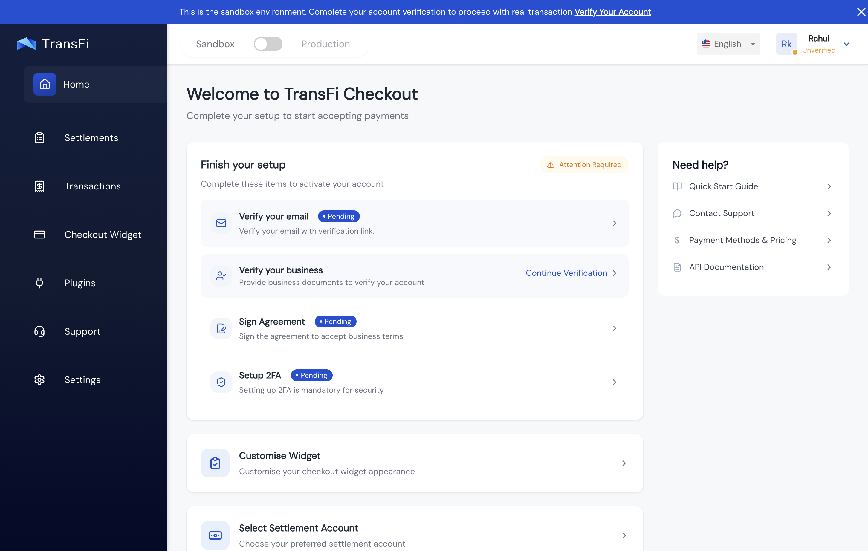Account Setup Tasks Dashboard