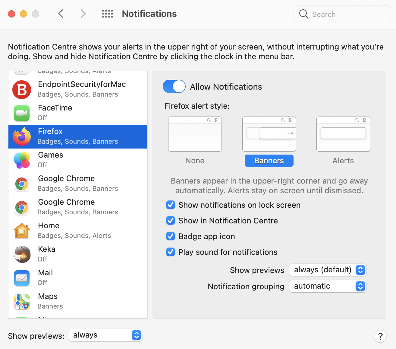 In this example, notifications for Firefox on Mac are allowed.