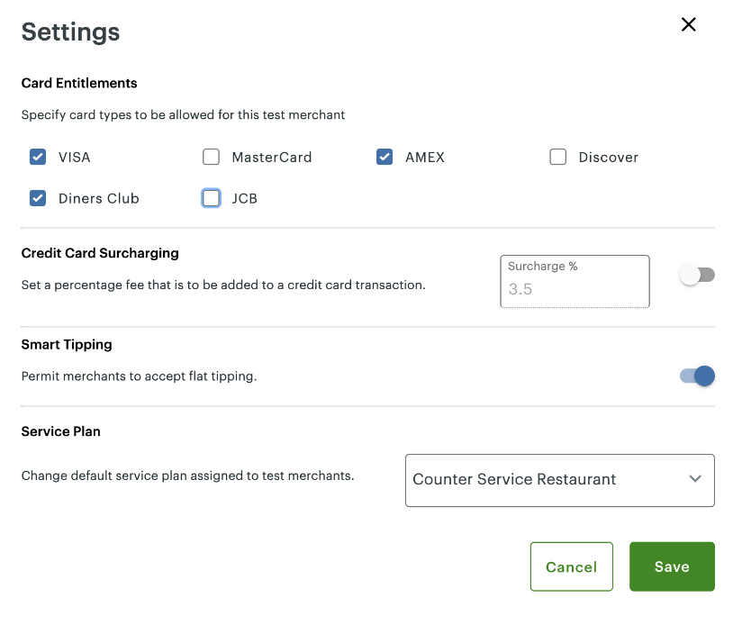 Test Merchants - Settings pop-up