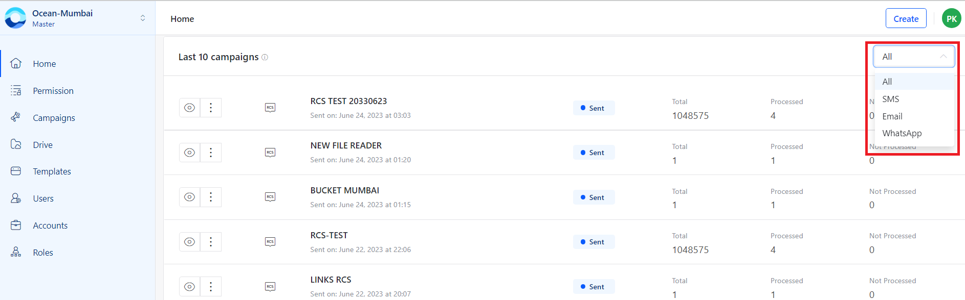 Ocean dashboard last 10 campaigns