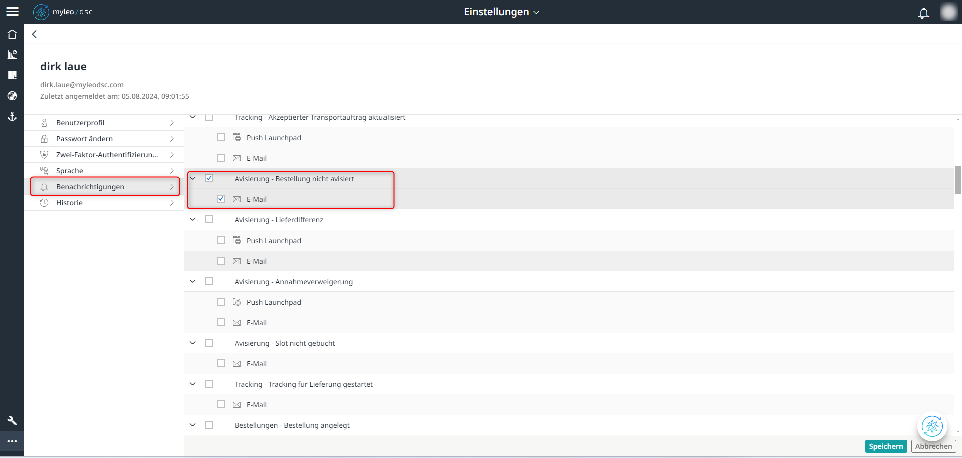 Einstellung der Benachrichtigung innerhalb der Einstellungen