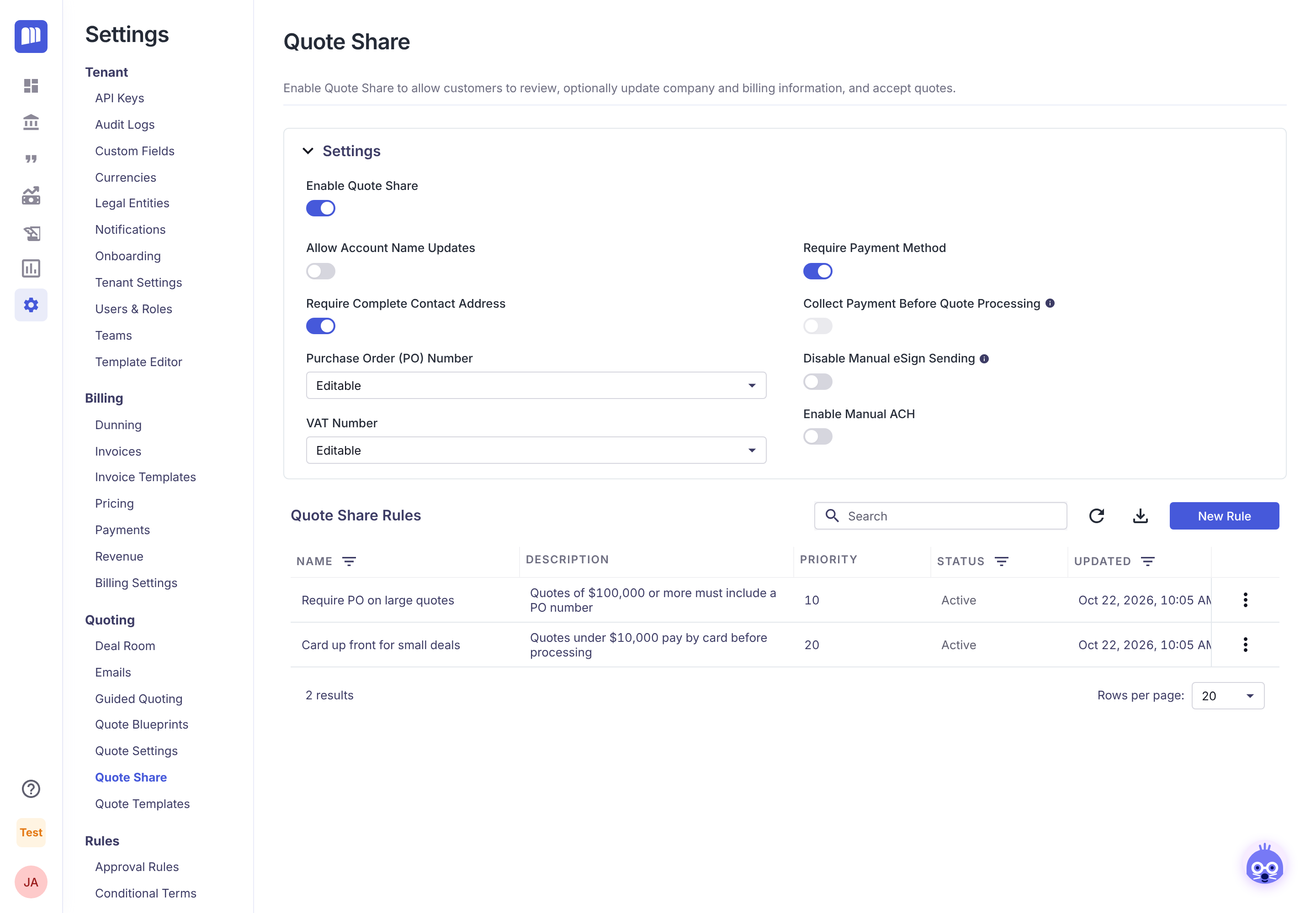 Settings → Quote Share, with the Settings section and the Quote Share Rules list